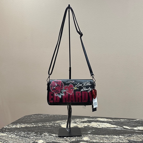 Ed Hardy Handbags - Ed Hardy Black and Red Crossbody Bag with Rose Patch